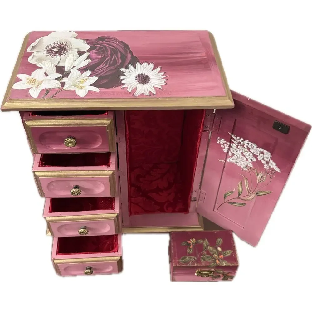 Upcycled Vintage Wooden Jewelry Box | Hand-Painted Dusty Pink & Maroon Ombre